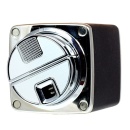 Brichetă Sarome de birou piezoelectrică, vedere laterala, fundal alb, sistem piezo, reincarcabila, culoare gris cu argintiu lucios