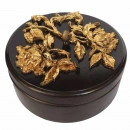 Caseta bijuterii,cutie lemn decorata cu flori aurii in relief pe capac,D20cm