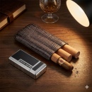 Set cadou premium Heritage: Etui din piele naturală maro design crocodil și brichetă Pierre Cardin turbo cu cutter trabuc