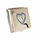 Tabacheră metalică Jean Claude,metalica, culoare nichel lucios cu strasuri bleu sub forma de inima, 