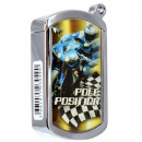 Brichetă metalică Race Champ piezoelectrică, cu cod EAN pe lateral, argintiu lucios cu desen pe ambele fete, agatatoare pentru chei, incarcare cu gaz butan