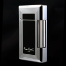 Bricheta Pierre Cardin premium, reincarcabila, aprindere cu piatra, vedere frontal-laterala, culori argintiu cu negru