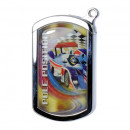 Brichetă metalică Race Champ piezoelectrică, cu agatatoare pentru portchei, culori argintiu lucios cu desen auto racing pe ambele parti