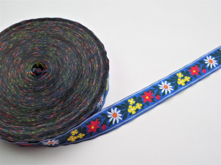 Banda tesuta Floare de colt 16 mm - fond albastru