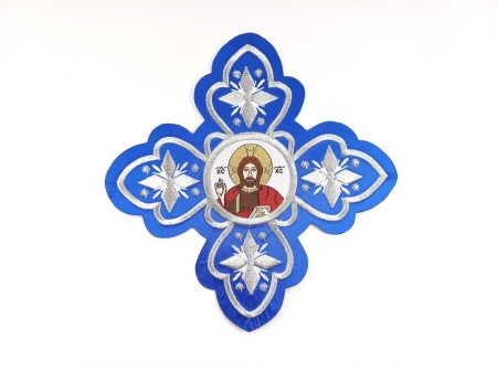 Ornament bisericesc cruce mare - albastru cu argintiu cu Domnul Isus - 1buc.