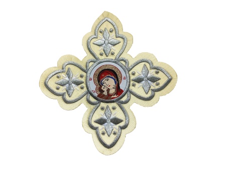 Ornament bisericesc cruce mare - crem cu arginiu, cu Maica Domnului - 1buc.
