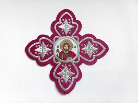 Ornament bisericesc cruce mare - visiniu cu argintiu cu Domnul Isus - 1buc.