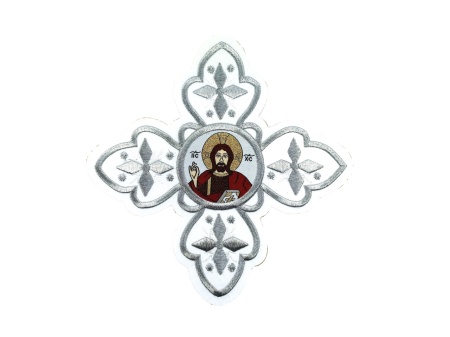 Ornament bisericesc cruce mare - alb cu argintiu cu Domnul Isus - 1buc.