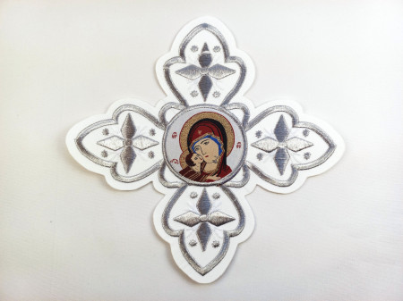 Ornament bisericesc cruce mare - alb cu arginiu, cu Maica - 1buc.