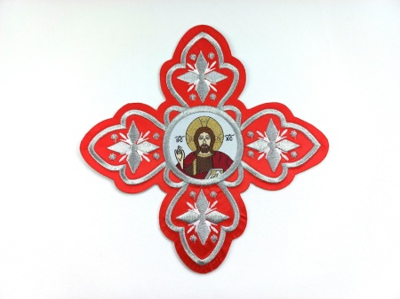 Ornament bisericesc cruce mare - rosu cu argintiu cu Domnul Isus - 1buc.