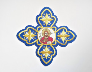 Cruce brodata mare - albastru cu auriu cu Domnul - 1buc.