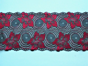 Dantela elastica neagra cu flori rosii 18cm/10m, cod303 - Img 2