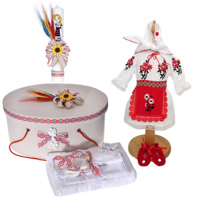 Set botez national, costum rochita traditionala, trusou botez, cutie trusou si lumanare, decor rustic, Denikos® C9101