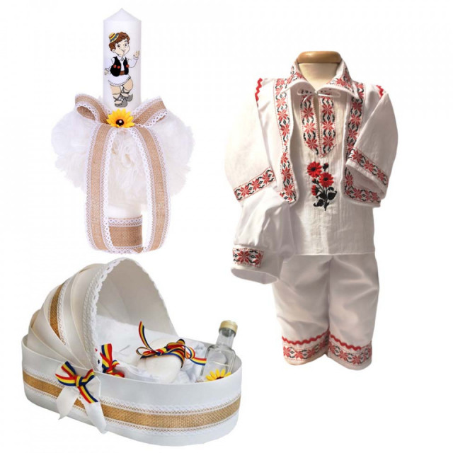 Set botez popular baietel, trusou botez landou, lumanare si costum traditional baiat, Denikos® 965