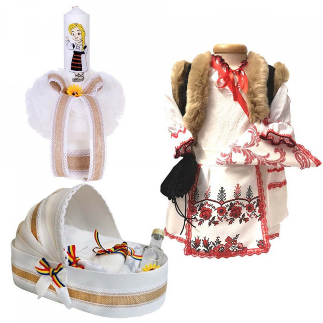 Set botez traditional fetita, trusou botez landou, lumanare si costum traditional, Denikos® 975