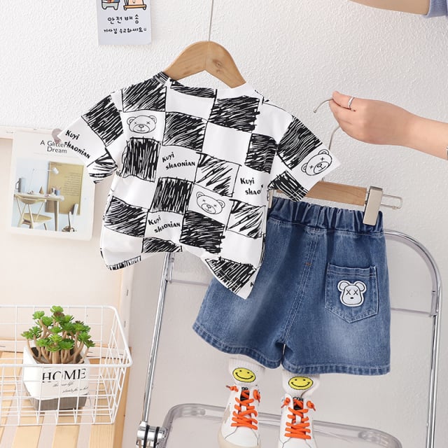 Costumas cu tricou alb si blugi pentru baietei - Bear - 3 | YEO