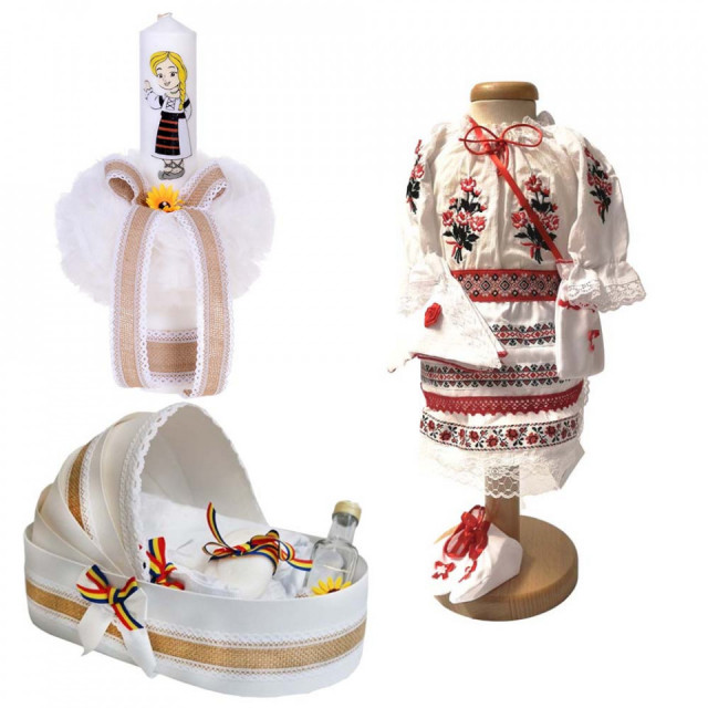 Set botez traditional fetita, trusou botez landou, lumanare si costum traditional, Denikos® 976