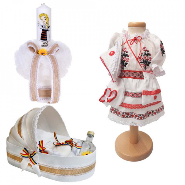 Set botez traditional fetita, trusou botez landou, lumanare si costum traditional, Denikos® 986