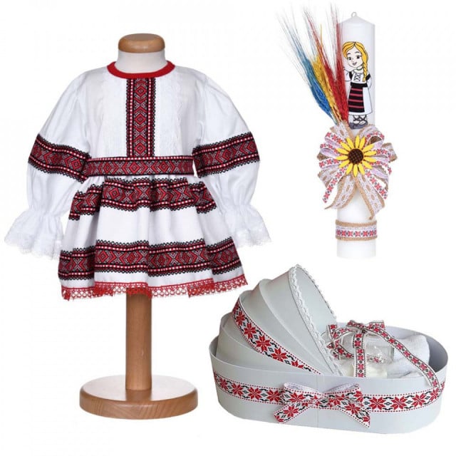 Set rochita traditionala fata, trusou botez landou si lumanare, decor national, Denikos® C9285