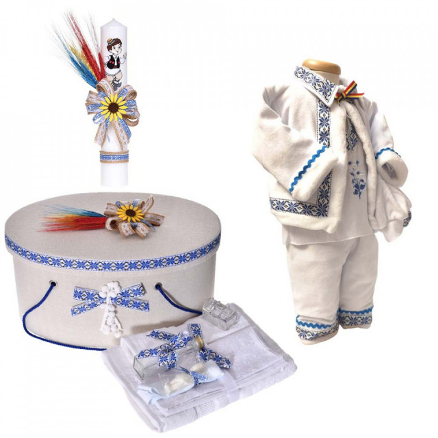 Set traditional, trusou botez, cutie trusou, lumanare si costum national baietel, Denikos® C9092