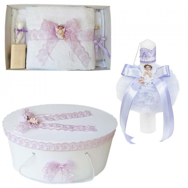 Set trusou botez, cutie trusou si lumanare, dantela si Ingeras, decor Lila, Denikos® 565