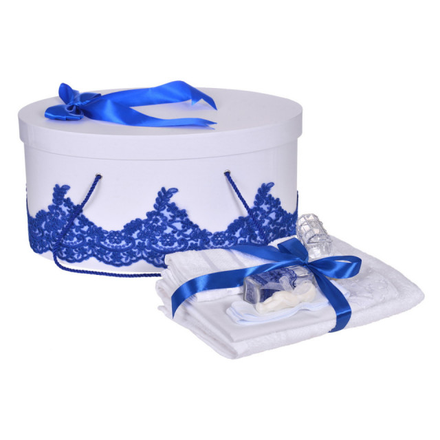 Set trusou botez si cutie trusou, dantela si fundita, decor elegant Albastru, Denikos® 846