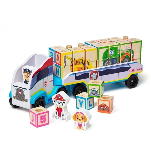 Camion cu remorca, 28 cuburi din lemn cu litere si 3 figurine Paw Patrol, Patrula Catelusilor