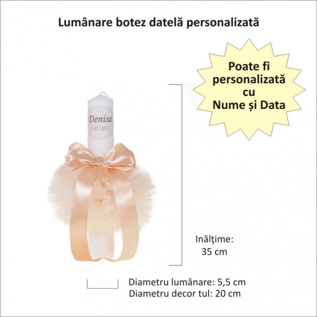 Lumanare botez personalizata, decor crem / ivoire cu tul si dantela, Denikos® 724 - 1 | YEO