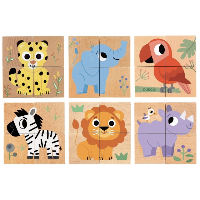 Puzzle din cuburi de lemn Animale salbatice, Djeco - 1 | YEO