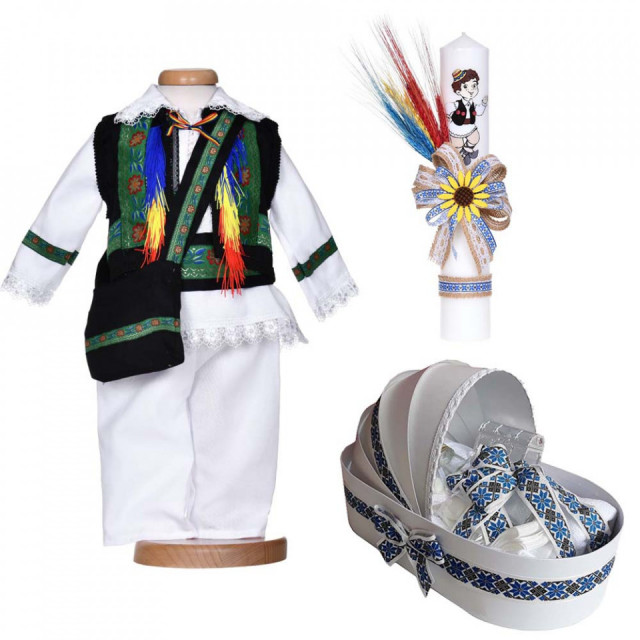 Set botez national baietel, trusou botez landou, lumanare si costum traditional, Denikos® C9266