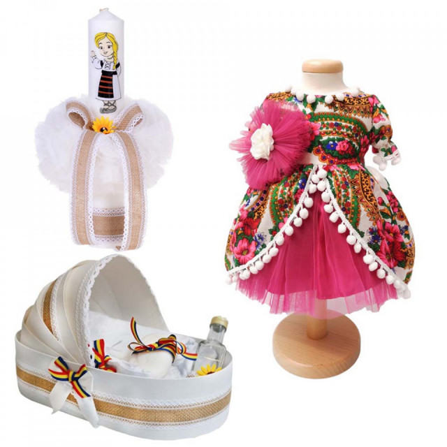 Set botez traditional fetita, trusou botez landou, lumanare si costum traditional, Denikos® 987