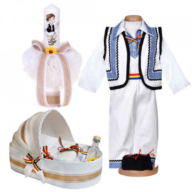 Set botez popular baiat, trusou botez landou, lumanare si costum national, Denikos® 1039