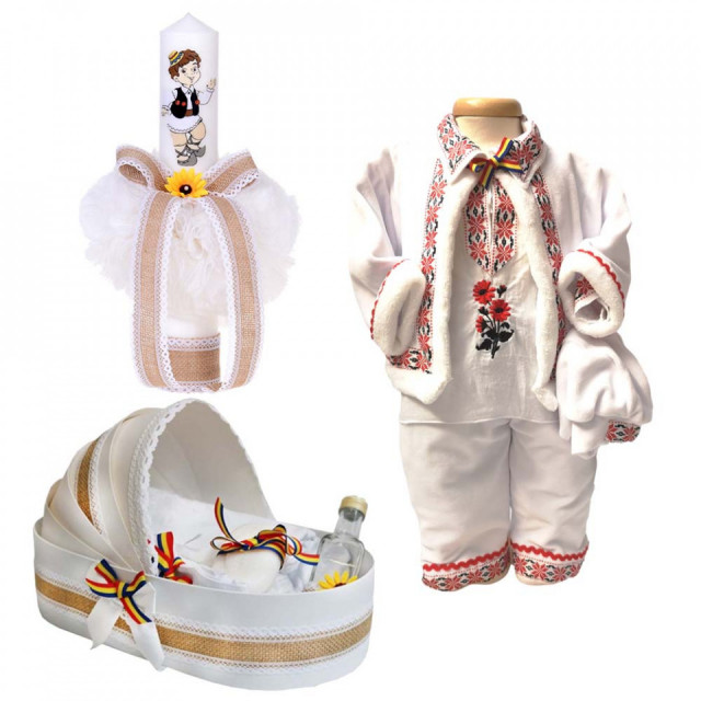 Set botez traditional baietel, trusou botez landou, lumanare si costum popular baiat, Denikos® 968