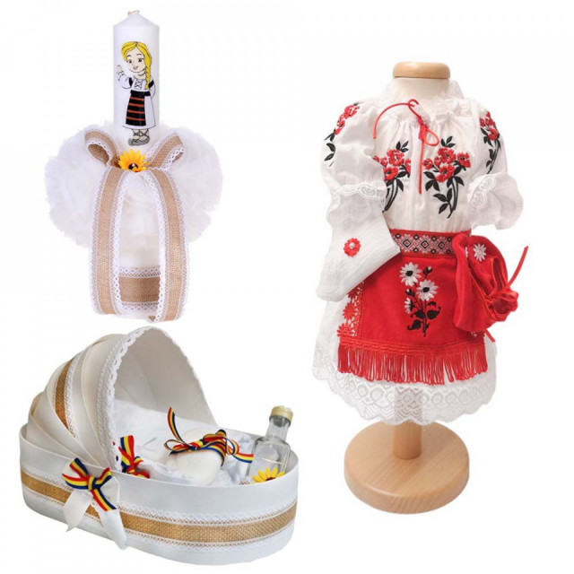 Set botez traditional fetita, trusou botez landou, lumanare si costum traditional, Denikos® 978