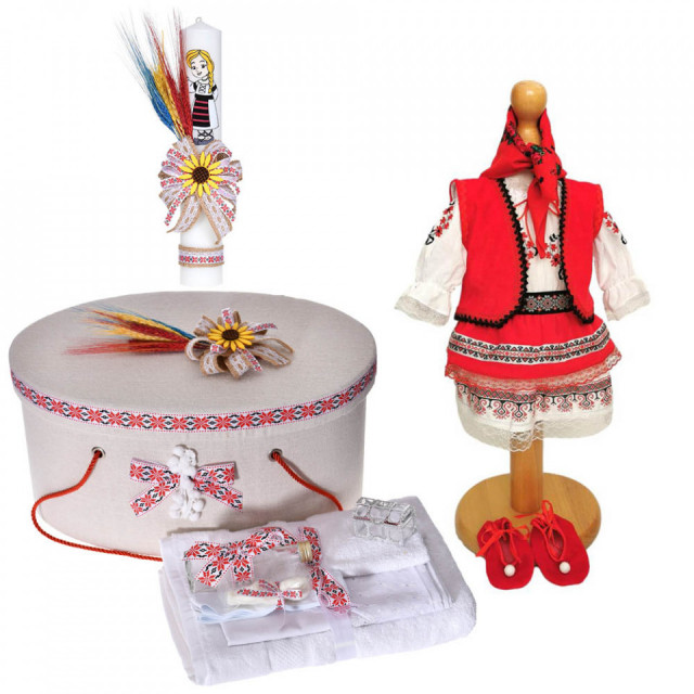 Set costum rochita nationala, trusou botez, cutie trusou si lumanare, decor traditional, Denikos® C9104