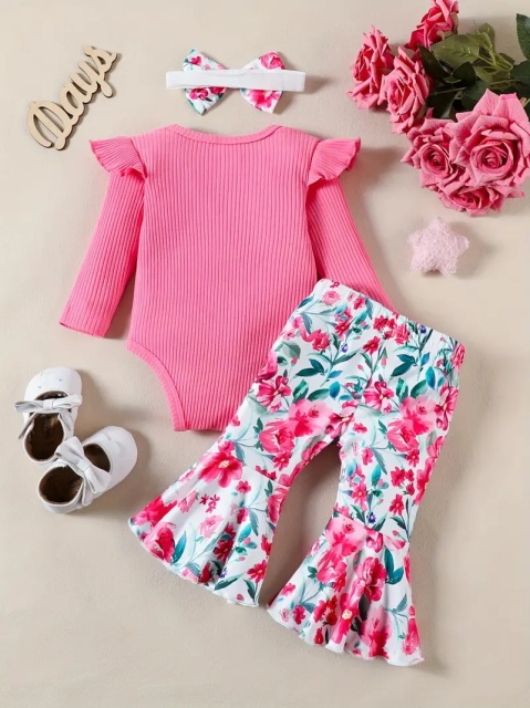 Set de 3 piese - Body cu iepuras, pantaloni evazati si bentita - 2 | YEO