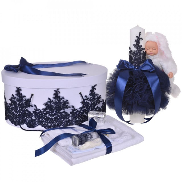 Set elegant trusou botez, cutie trusou si lumanare iepuras pufos, dantela si fundite, decor Bleumarin, Denikos® 927