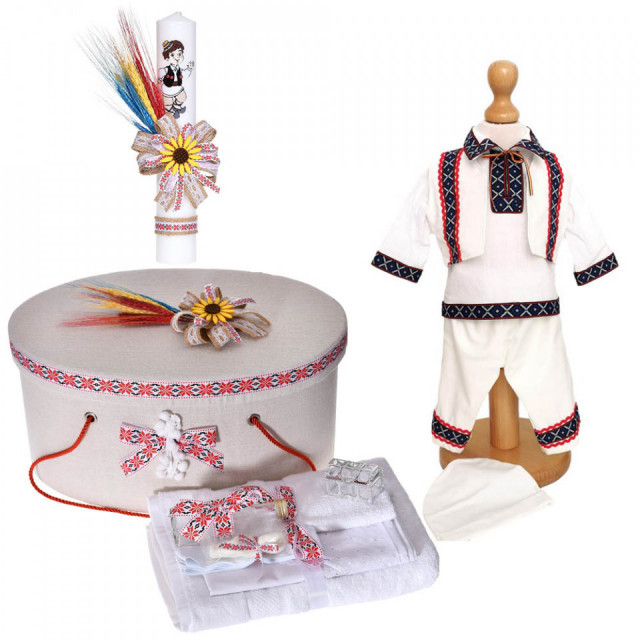 Set national, trusou botez, cutie trusou, lumanare si costum traditional baietel, Denikos® C9094