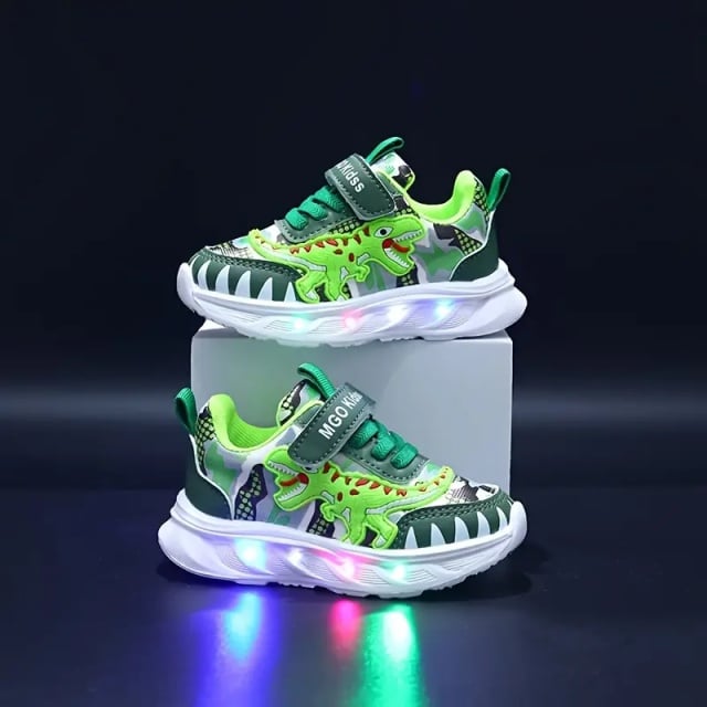 Pantofi Sport Copii cu Luminițe LED și Design Dinozaur Verde