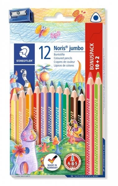 Set 12 creioane colorate jumbo triunghiulare cu ascutitoare, Staedtler