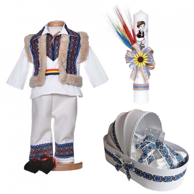 Set botez popular baiat, trusou botez landou, lumanare si costum traditional, Denikos® C9268