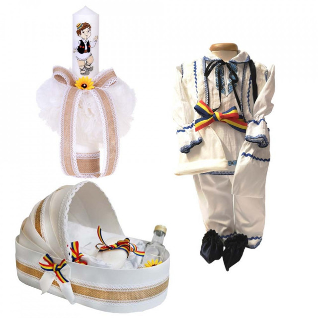 Set botez traditional baietel, trusou botez landou, lumanare si costum national baiat, Denikos® 969