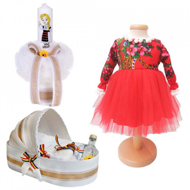 Set botez traditional fetita, trusou botez landou, lumanare si costum traditional, Denikos® 989