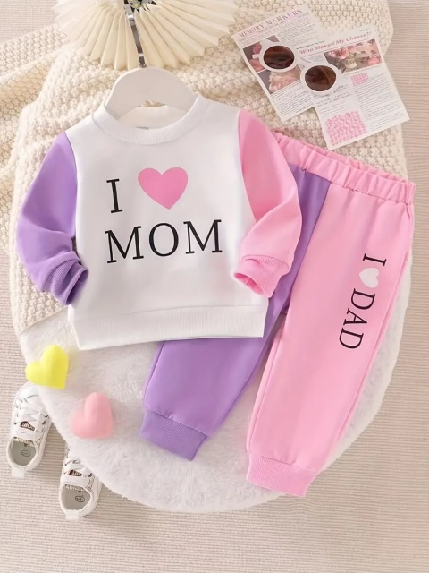 Trening fetite „I ❤️ Mom & Dad” – Set hanorac si pantaloni colorati - 2 | YEO