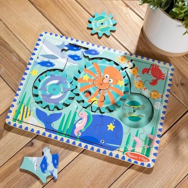 Puzzle educativ din lemn, cu rotite dintate, Oceanul, 8 piese, pentru copii 3 ani+, Melissa&Doug 31003 - 1 | YEO