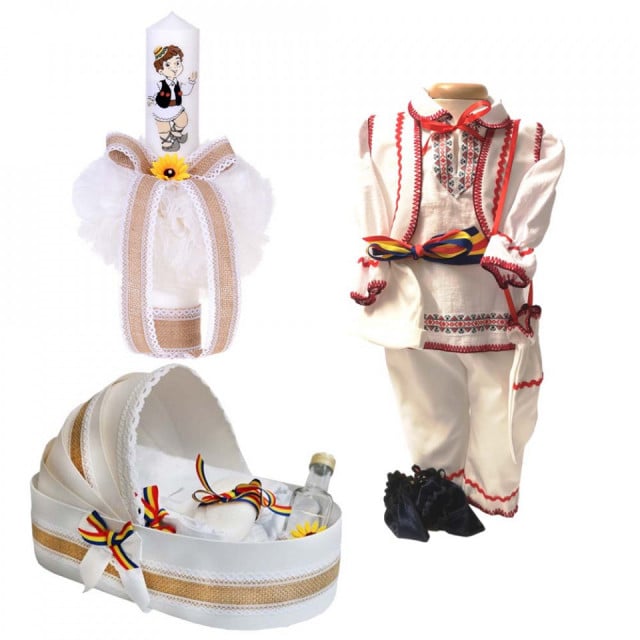 Set botez popular baietel, trusou botez landou, lumanare si costum national baiat, Denikos® 970