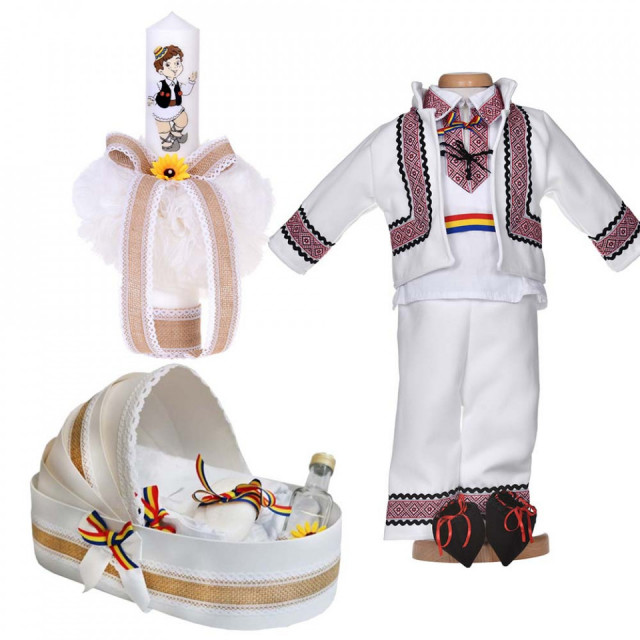 Set botez popular baietel, trusou botez landou, lumanare si costum traditional, Denikos® 1049