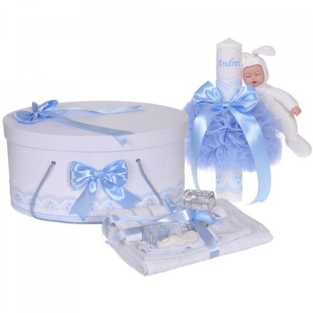 Set trusou botez, cutie trusou si lumanare personalizata cu nume, decor Bleu cu iepuras, Denikos® 913