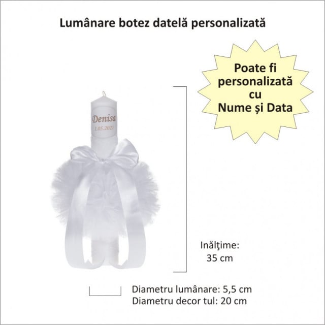 Lumanare botez personalizata, decor alb, diafan cu tul si dantela, Denikos® 728 - 1 | YEO