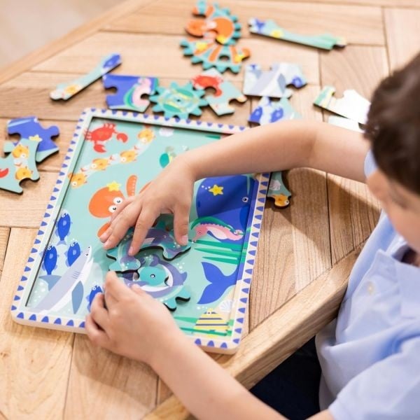 Puzzle educativ din lemn, cu rotite dintate, Oceanul, 8 piese, pentru copii 3 ani+, Melissa&Doug 31003 - 2 | YEO